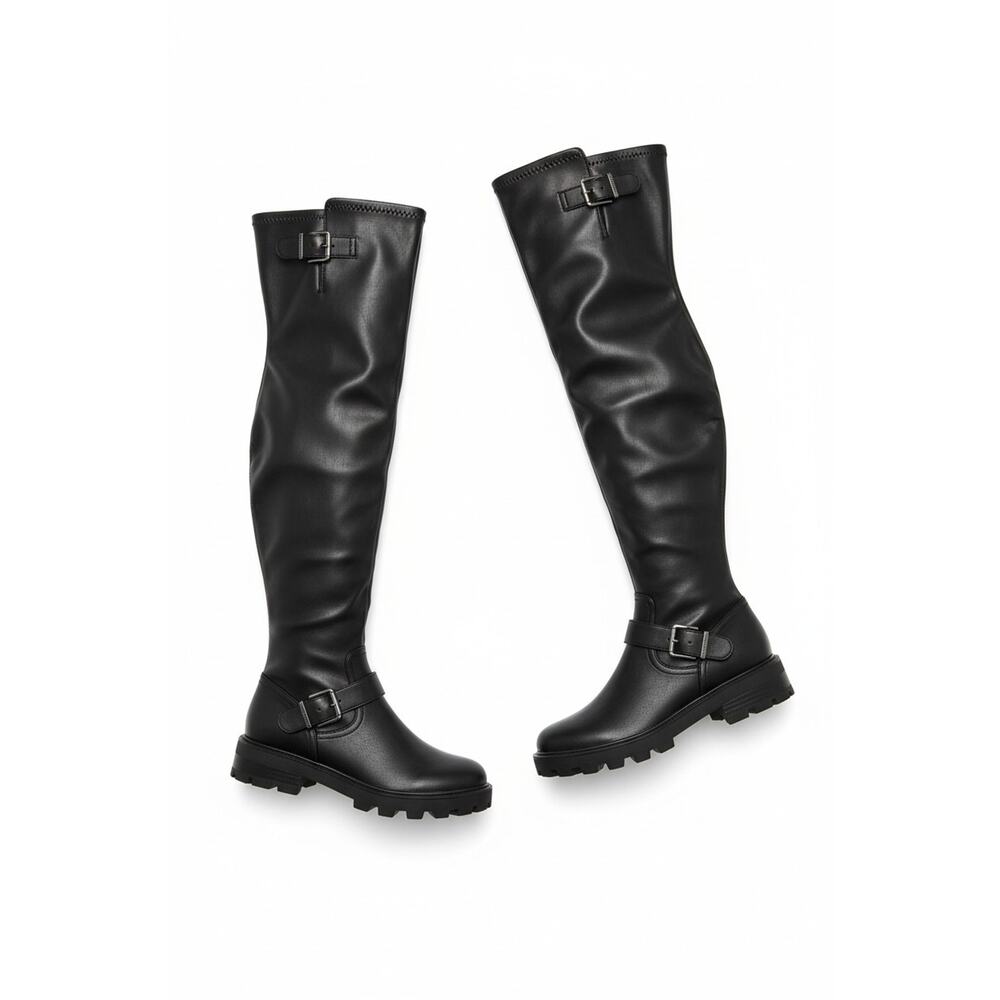 NINE WEST WOMEN Riding BOOTS Sz 6 M black Tall Round Chunky Goth
